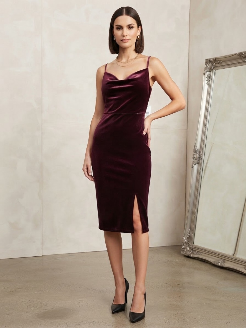 Guess Velvet Midi Slip Dress in Deep Wine